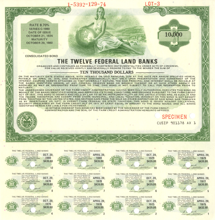 Twelve Federal Land Banks - 1974 dated $10,000 Specimen Bond